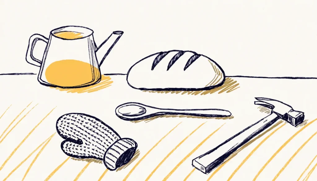 Illustrasjon: kaffekanne, brød, sleiv, hammer og vott